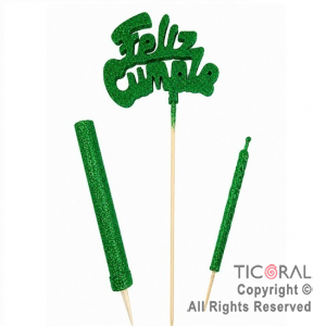 ADORNO DE TORTA SET FELIZ CUMPLE CON BENGALA Y VELA 9 CM GIBRE VERDE x 1